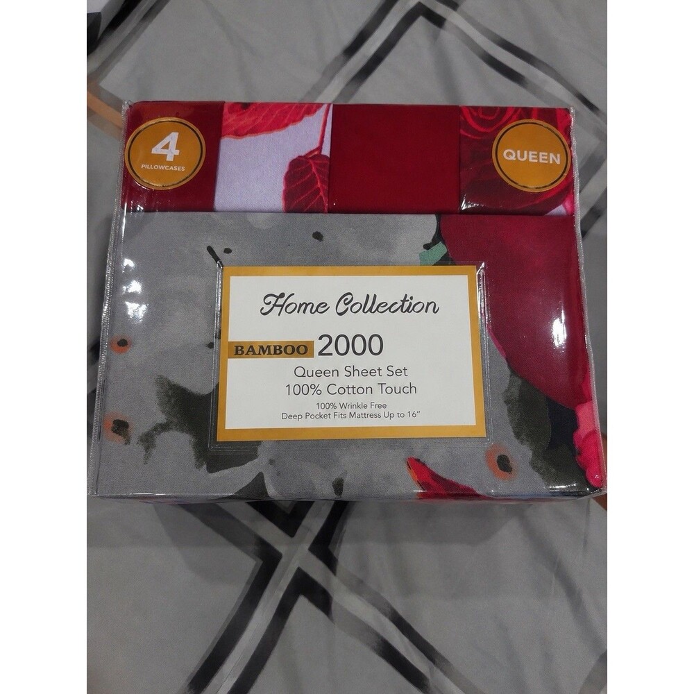 Home Collection Bamboo 2000 Queen Sheet Set Floral Gray/Red Deep Pocket Wrinkle